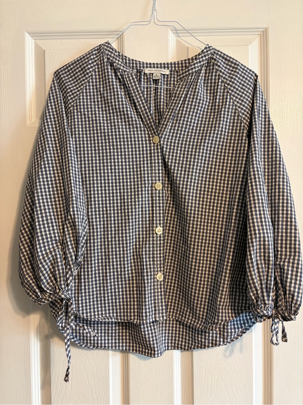 Free Assembly Plaid Gingham Button Down Top Size L 100% Cotton 3/4 Tie Sleeve